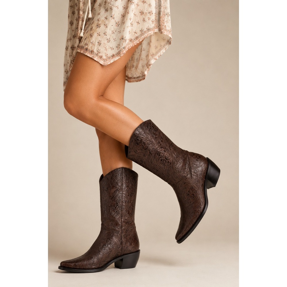 Gianni Bini Snip Toe Western Boots Tooled Leather Floral Print Size 8.5